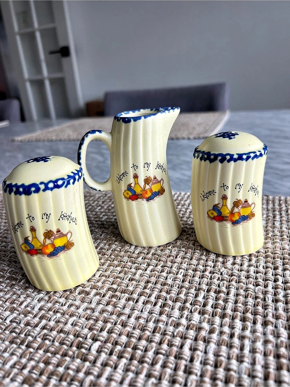 Cottagecore Cream & Blue Ceramic Creamer and Shakers Set